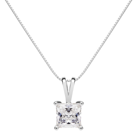 14K Solid White Gold Pendant Necklace | Princess Cut Cubic Zirconia Solitaire | 1 Carat | 16 Inch Box Link Chain