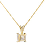 14K Solid Yellow Gold Pendant Necklace | Princess Cut Cubic Zirconia Solitaire | 1 Carat | 16 Inch .60mm Box Link Chain