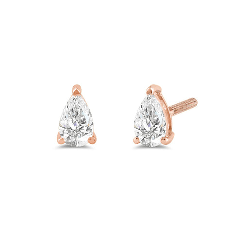 14K Solid Rose Gold Solitaire Stud Earrings | Pear Cut Cubic Zirconia | Screw Back Posts | 0.5 CTW | With Gift Box