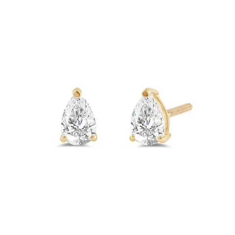 14K Solid Yellow Gold Solitaire Stud Earrings | Pear Cut Cubic Zirconia | Screw Back Posts | 1.0 CTW | With Gift Box
