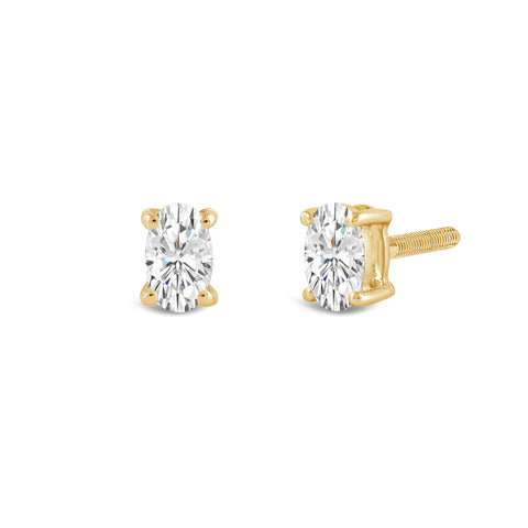 14K Solid Yellow Gold Solitaire Stud Earrings | Oval Cut Cubic Zirconia | Screw Back Posts | 0.5 CTW | With Gift Box