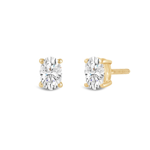 14K Solid Yellow Gold Solitaire Stud Earrings | Oval Cut Cubic Zirconia | Screw Back Posts | 1.0 CTW | With Gift Box