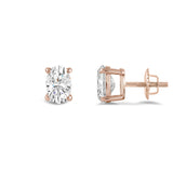 14K Solid Rose Gold Solitaire Stud Earrings | Oval Cut Cubic Zirconia | Screw Back Posts | 1.0 CTW | With Gift Box