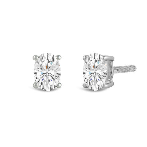 14K Solid White Gold Solitaire Stud Earrings | Oval Cut Cubic Zirconia | Screw Back Posts | 2.0 CTW | With Gift Box