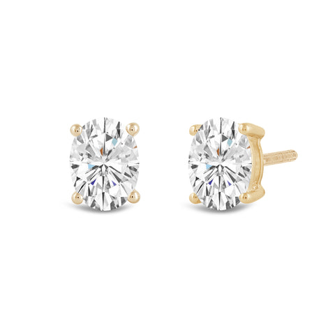 14K Solid Yellow Gold Solitaire Stud Earrings | Oval Cut Cubic Zirconia | Screw Back Posts | 3.0 CTW | With Gift Box
