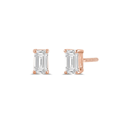 14K Solid Rose Gold Solitaire Stud Earrings | Emerald Cut Cubic Zirconia | Screw Back Posts | 0.5 CTW | With Gift Box