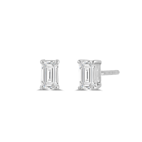 14K Solid White Gold Solitaire Stud Earrings | Emerald Cut Cubic Zirconia | Screw Back Posts | 0.5 CTW | With Gift Box
