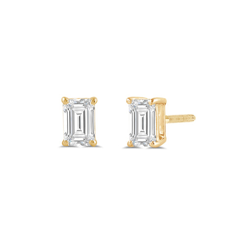 14K Solid Yellow Gold Solitaire Stud Earrings | Emerald Cut Cubic Zirconia | Screw Back Posts | 1.0 CTW | With Gift Box