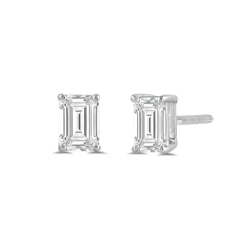 14K Solid White Gold Solitaire Stud Earrings | Emerald Cut Cubic Zirconia | Screw Back Posts | 2.0 CTW | With Gift Box