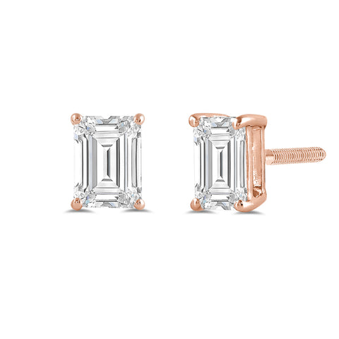 14K Solid Rose Gold Solitaire Stud Earrings | Emerald Cut Cubic Zirconia | Screw Back Posts | 3.0 CTW | With Gift Box