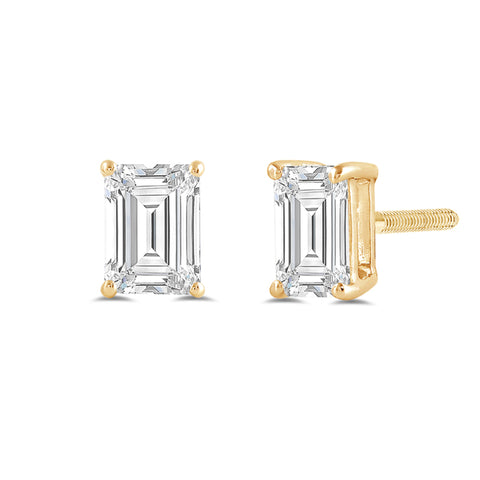 14K Solid Yellow Gold Solitaire Stud Earrings | Emerald Cut Cubic Zirconia | Screw Back Posts | 3.0 CTW | With Gift Box