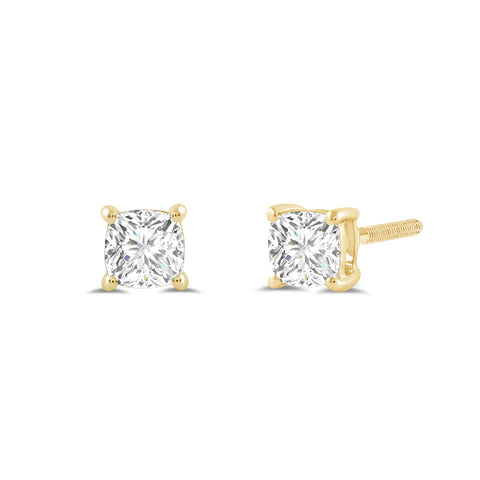 14K Solid Yellow Gold Solitaire Stud Earrings | Cushion Cut Cubic Zirconia | Screw Back Posts | 0.5 CTW | With Gift Box