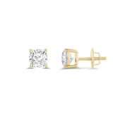 14K Solid Yellow Gold Solitaire Stud Earrings | Cushion Cut Cubic Zirconia | Screw Back Posts | 1.0 CTW | With Gift Box