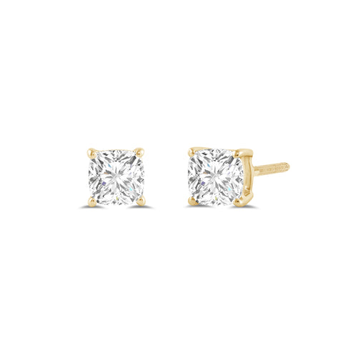 14K Solid Yellow Gold Solitaire Stud Earrings | Cushion Cut Cubic Zirconia | Screw Back Posts | 1.0 CTW | With Gift Box