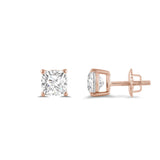 14K Solid Rose Gold Solitaire Stud Earrings | Cushion Cut Cubic Zirconia | Screw Back Posts | 1.0 CTW | With Gift Box