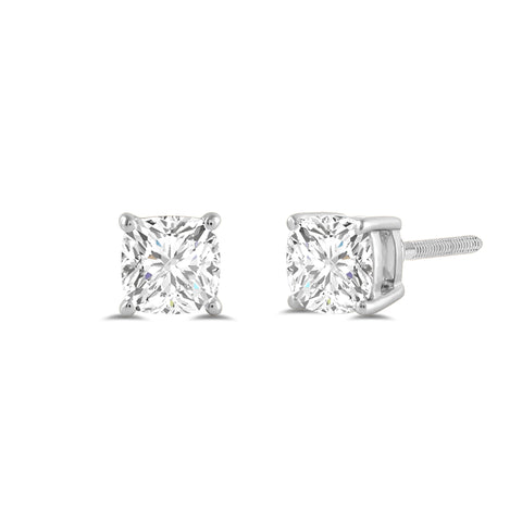 14K Solid White Gold Solitaire Stud Earrings | Cushion Cut Cubic Zirconia | Screw Back Posts | 2.0 CTW | With Gift Box