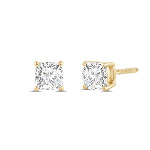 14K Solid Yellow Gold Solitaire Stud Earrings | Cushion Cut Cubic Zirconia | Screw Back Posts | 2.0 CTW | With Gift Box