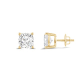 14K Solid Yellow Gold Solitaire Stud Earrings | Cushion Cut Cubic Zirconia | Screw Back Posts | 2.0 CTW | With Gift Box