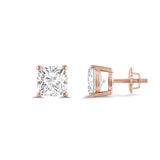 14K Solid Rose Gold Solitaire Stud Earrings | Cushion Cut Cubic Zirconia | Screw Back Posts | 2.0 CTW | With Gift Box