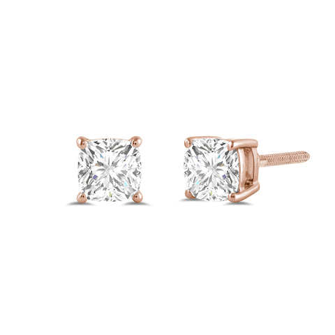 14K Solid Rose Gold Solitaire Stud Earrings | Cushion Cut Cubic Zirconia | Screw Back Posts | 2.0 CTW | With Gift Box