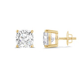 14K Solid Yellow Gold Solitaire Stud Earrings | Cushion Cut Cubic Zirconia | Screw Back Posts | 3.0 CTW | With Gift Box