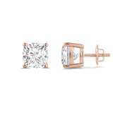14K Solid Rose Gold Solitaire Stud Earrings | Cushion Cut Cubic Zirconia | Screw Back Posts | 3.0 CTW | With Gift Box