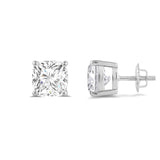 14K Solid White Gold Solitaire Stud Earrings | Cushion Cut Cubic Zirconia | Screw Back Posts | 3.0 CTW | With Gift Box