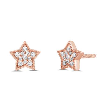 Everyday Elegance 14K Solid Yellow Gold Star Shape Pave Stud Earrings | Round Cut Cubic Zirconia| Screw Back Posts | With Gift Box