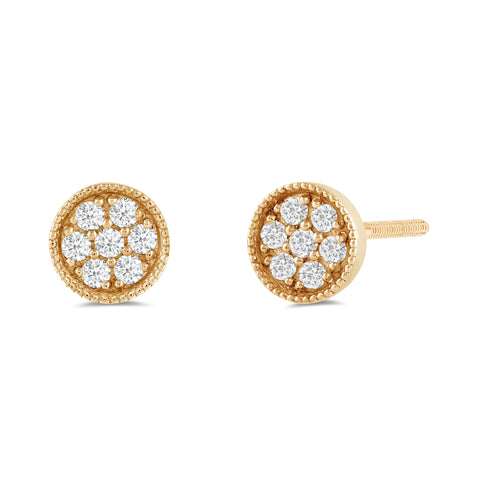 Everyday Elegance 14K Solid Yellow Gold Round Shape Pave Stud Earrings | Round Cut Cubic Zirconia| Screw Back Posts | With Gift Box