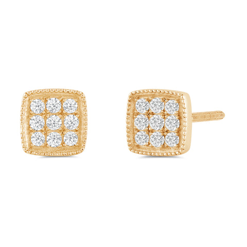 Everyday Elegance 14K Solid Yellow Gold Cushion Square Pave Stud Earrings | Round Cut Cubic Zirconia | Screw Back Posts | With Gift Box