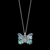 Social Butterfly Pendant in Sterling Silver and Aurora Borealis Blue Carved Mother of Pearl with Diamonds