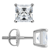 14K Solid White Gold Stud Earrings | Princess Cut Cubic Zirconia | Screw Back Posts | 2.0 CTW