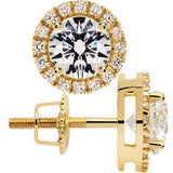 14K Solid Yellow Gold Stud Earrings | Round "Halo" Cubic Zirconia | Screw Back Posts | .48 CT center, .60 CTW each, 1.20 CTW