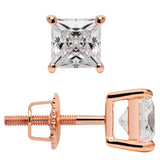 14K Solid Rose Gold Stud Earrings | Princess Cut Cubic Zirconia | Screw Back Posts | 1.0 CTW