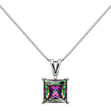 14K Solid White Gold Pendant Necklace | Princess Cut Rainbow Mystic Cubic Zirconia Solitaire | 2 Carat | 18 Inch .60mm Box Link Chain