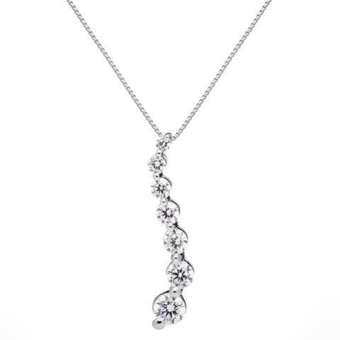 14K Solid White Gold Pendant Necklace | Round Cut Cubic Zirconia "Journey" 7-Stone | .48 CTW | 16 Inch Box Link Chain