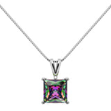 14K Solid White Gold Pendant Necklace | Princess Cut Rainbow Mystic Cubic Zirconia Solitaire | 2 Carat | 16 Inch .60mm Box Link Chain