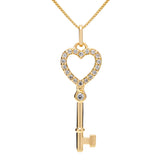 14K Solid Yellow Gold Key to my Heart Pendant | Pave Round Cut Cubic Zirconia Pendant| .20 CTW | 16 Inch Box Link Chain | With Gift Box