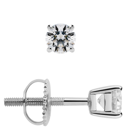 14K Solid White Gold Stud Earrings | Round Cut Cubic Zirconia | Screw Back Posts | 0.5 CTW