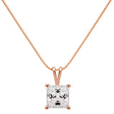 14K Solid Rose Gold Pendant Necklace | Princess Cut Cubic Zirconia Solitaire | 2 Carat | 16 Inch .60mm Box Link Chain