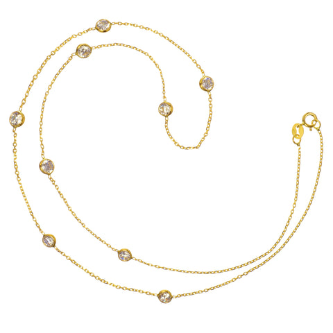 14K Solid Yellow Gold Cubic Zirconia Station Necklace | 18 Inch Length Cable Rolo Chain