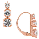 14K Solid Rose Gold Earrings | Round Cut Leverback 3-Stone "Trilogy" Cubic Zirconia | Basket Setting | 1.90 CTW