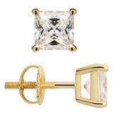 14K Solid Yellow Gold Stud Earrings | Princess Cut Cubic Zirconia | Screw Back Posts | 2.0 CTW