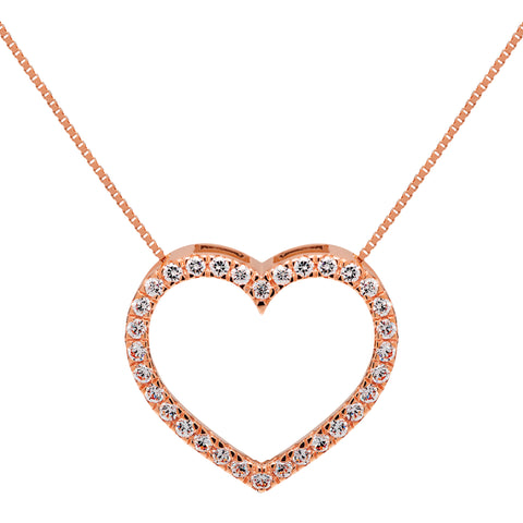 14K Solid Rose Gold Open Heart Pendant Pave Round Cut Cubic Zirconia Necklace| CTW 16 Inch Box Link Chain With Gift Box