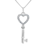 14K Solid White Gold Key to my Heart Pendant | Pave Round Cut Cubic Zirconia Pendant| .20 CTW | 16 Inch Box Link Chain | With Gift Box