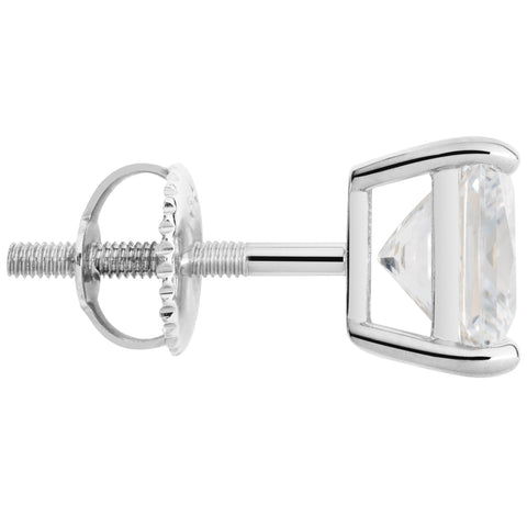 14K Solid White Gold | Princess Cut Cubic Zirconia SINGLE Stud Earring | 1.5 Carat | Screw Back Post