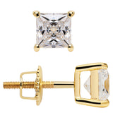 14K Solid Yellow Gold Stud Earrings | Princess Cut Cubic Zirconia | Screw Back Posts | 1.0 CTW