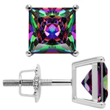 14K Solid White Gold Princess Cut Rainbow Mystic Cubic Zirconia Stud Earrings | 4.0 CTW | Screw Back Posts