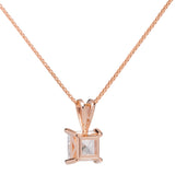 14K Solid Rose Gold Pendant Necklace | Princess Cut Cubic Zirconia Solitaire | 1 Carat | 18 Inch Box Link Chain