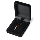 14K Solid Rose Gold Cross | Pave Round Cut Cubic Zirconia Pendant Necklace | 15mm Long .30 CTW | 18 Inch .60mm Box Link Chain | With Gift Box